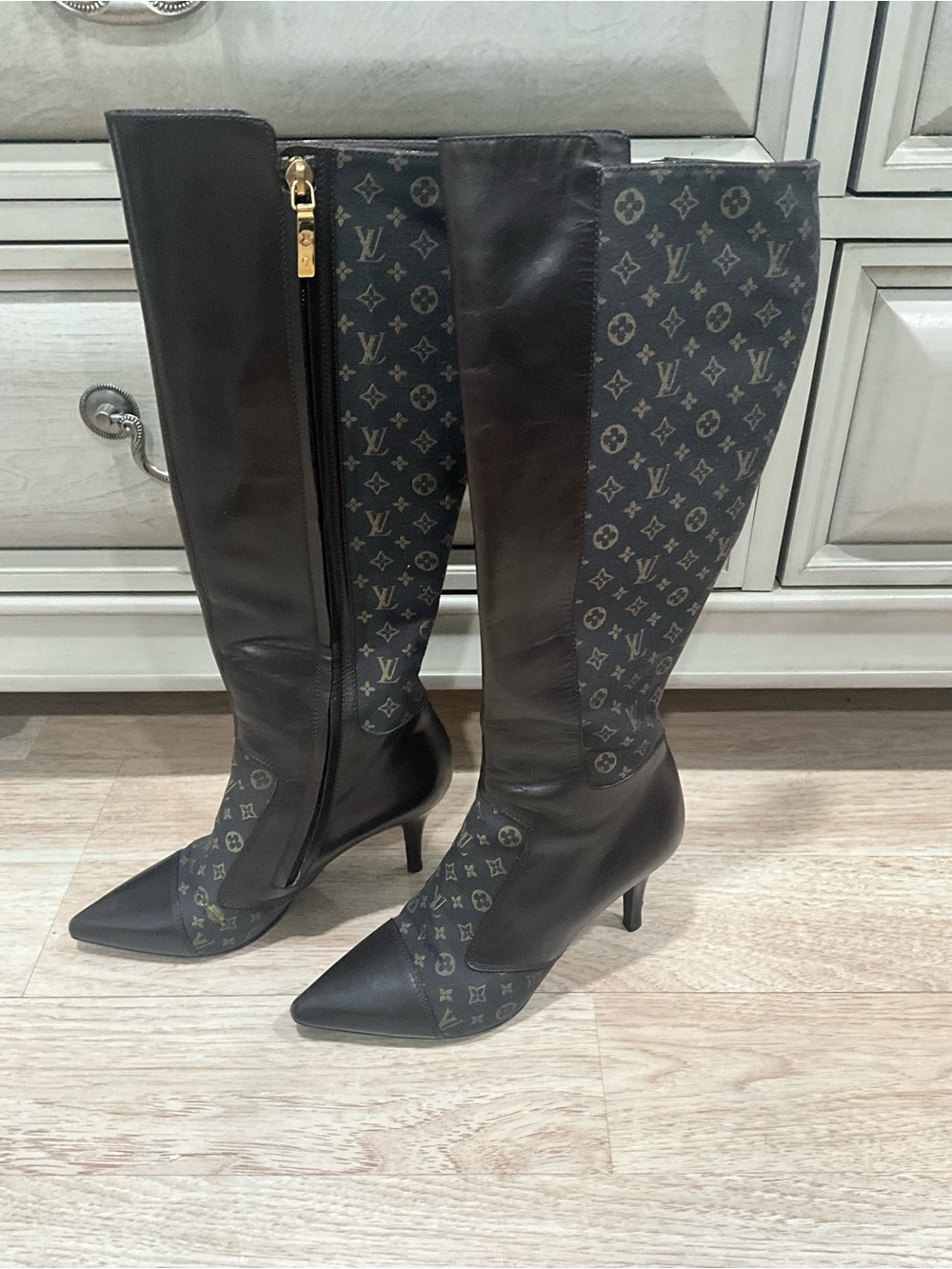 Louis Vuitton Black Monogram Paneled Knee-High Pointed Boots